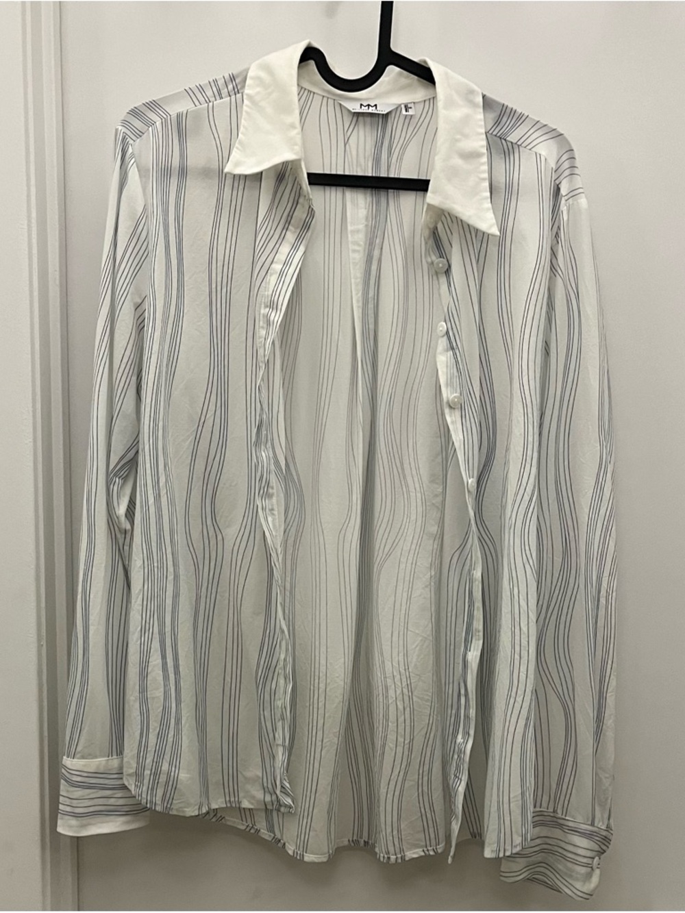 Women’s White Collared Blouse with Subtle Blue Stripe